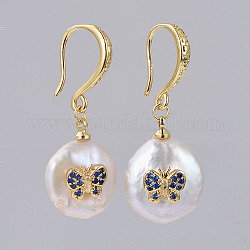 Brass Dangle Earrings, with Natural Pearl and Cubic Zirconia, Nuggets with Butterfly, Golden, 33~34mm, Pendants: 17~18.5x13~14x7~8.5mm, Pin: 0.8mm