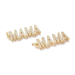 Brass Micro Pave Cubic Zirconia Pendants, with Jump Rings, for Mother's Day, Long-Lasting Plated, Word Mama, Real 18K Gold Plated, 29x9x2mm, Hole: 3mm