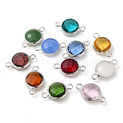 Brass Pave Faceted Glass Connector Charms, Platinum Plated Flat Round Links, Mixed Color, 18x11x5mm, Hole: 2mm