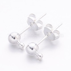 Brass Post Earring Findings, with Loop, Silver Color Plated, 15x6mm, Hole: 1mm, Ball: 4mm, Pin: 0.8mm