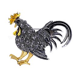Spilla con gallo di strass, distintivo della lega dello zodiaco cinese per i vestiti dello zaino, nero, 65x50mm