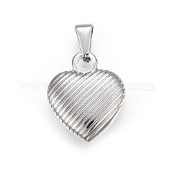 304 Stainless Steel Pendants, Puffed Heart with Stripe Pattern, Stainless Steel Color, 21.5x18x6mm, Hole: 7x3mm