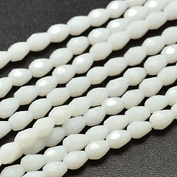 Fili di perle di vetro a goccia sfaccettate in giada imitazione, bianco, 5x3mm, Foro: 1 mm, circa 100pcs/filo, 17.7 pollice~19.6 pollici