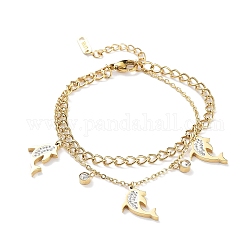 Ion Plating(IP) 304 Stainless Steel Chains Double Layer Multi-strand Bracelet, with Rhinestone Dolphin Charms, Golden, 6-3/4 inch(17.3cm)