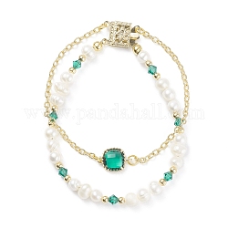 Bracciale multifilo con perle naturali e perline di vetro con catenelle in ottone da donna, oro, verde, 7-1/2 pollice (19 cm)