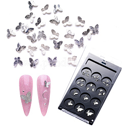 Brass Cabochons, Nail Art Decoration Accessories, 3D Butterfly, Silver Color Plated, 3.5~10.5x3.5~10.5x1~3mm, Box: 12.5x7x0.65cm, 24pcs/box
