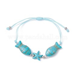 Bracelets de perles tressées turquoise synthétique poissons et étoiles de mer, bracelets réglables en fil de nylon pour femmes, diamètre intérieur: 1~3-1/8 pouce (2.6~8 cm)