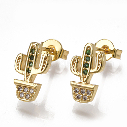 Brass Micro Pave Cubic Zirconia Ear Studs, with Ear Nuts, Cactus, Golden, 12x7mm, Pin: 0.7mm