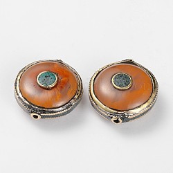 De style tibétain perles rondes plat, avec l'imitation de résine d'abeille, turquoise synthétique et accessoires en laiton or antique, orange foncé, 30x29x14mm, Trou: 2mm