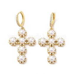 Boucles d'oreilles créoles pendantes avec croix en zircone cubique et perle d'imitation en plastique ABS, bijoux en laiton pour femmes, véritable 16k plaqué or, 47mm, pin: 1.2x0.8 mm