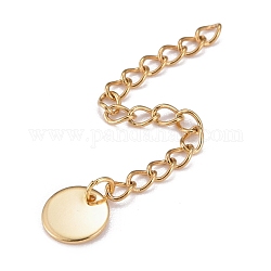 304 Stainless Steel Chain Extender, Curb Chain, with 202 Stainless Steel Charms, Flat Round, Golden, 58~63mm, Link: 3.7x3x0.5mm, Flat Round: 8x0.7mm