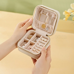 Mini caja cuadrada con cremallera para almacenamiento de joyas de cuero pu, Estuche organizador de joyas de viaje portátil para collares, pendientes, anillos, blanco floral, 10x10x5 cm
