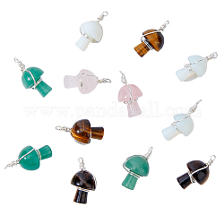HOBBIESAY 12Pcs Natural & Synthetic Gemstone Pendants, with Silver Tone Copper Wire Wrapped, Mushroom Charm, Mixed Dyed and Undyed, Silver, 30x16~18mm, Hole: 4mm