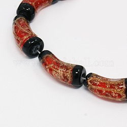Handmade Gold Sand Lampwork Beads Strands, Curved Tube Beads, Red, 22x9mm, Hole: 1mm, about 16pcs/strand, 12.9inch