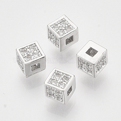 Perles de zircone cubique micro pave en Laiton, sans nickel, cube, clair, Platine plaqué réel, 4x4x4mm, Trou: 1.4mm