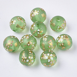 Perle di resina trasparente stampate, smerigliato, tondo con motivo floreale sakura, verde chiaro, 11.5x11mm, Foro: 2 mm