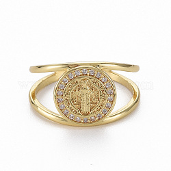 Latón micro pave anillos de brazalete de circonio cúbico, anillos abiertos, sin níquel, plano y redondo con jesus, real 16k chapado en oro, nosotros tamaño 8 (18.1 mm)