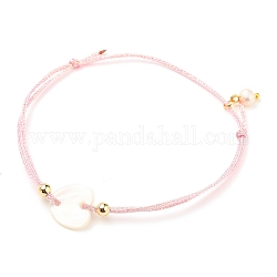 Adjustable Polyester Braided Cord Bracelet, Link Bracelet, with Round Natural Pearl Beads, Brass Beads and Shell Links, Heart, Pearl Pink, Inner Diameter: 2-1/8~3 inch(5.4~7.5cm)