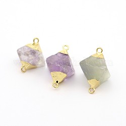 Connecteurs de liens de pierres précieuses de fluorite naturelle, or plaqué avec constatation en laiton, diamant, 22~29x19~23mm, Trou: 2mm