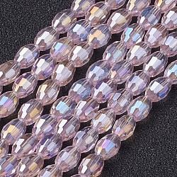 Chapelets de perles en verre électroplaqué, de couleur plaquée ab , ovale à facettes, rose, 6x4mm, Trou: 1mm, Environ 67~68 pcs/chapelet