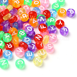 Perles acryliques transparentes de couleurs mélangées, trou horizontal, mélange de lettres, plat rond avec lettre blanche, 7x4mm, Trou: 1.5mm, 100 pcs /sachet 