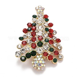 Broche de rhinestone de árbol de navidad colorido, insignia de aleación para ropa de mochila, dorado, 56x38.5x11mm