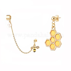 Bee and Honeycomb Alloy Asymmetrical Earrings with Enamel, 304 Stainless Steel Stud Earrings with Dangle Chain Ear Cuff Crawler Climber for Women, Golden, 29~110mm, Pin: 0.7mm, 2Pcs/set