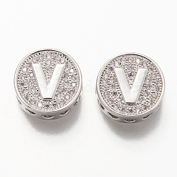 Eslabones de múltiples hebras de circonita cúbica micro pavé de latón chapado en platino, plano y redondo con la letra, letter.v, 12x4.5mm, agujero: 2 mm