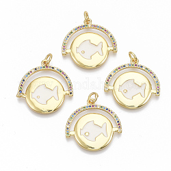 Brass Micro Pave Cubic Zirconia Pendants, with Shell, Flat Round with Fish, with Jump Ring, Golden, 22x23x2mm, Hole: 3mm