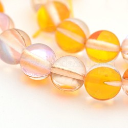 Runde synthetische Mondstein Perlen Stränge, holographische Perlen, gefärbt, golden, 10 mm, Bohrung: 1 mm, ca. 36~39 Stk. / Strang, 14~15 Zoll