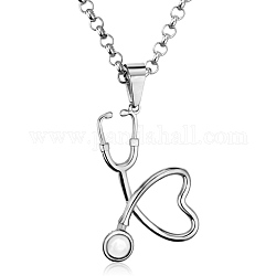 SHEGRACE Stainless Steel Pendant Necklaces, with Lobster Claw Clasps and Rolo Chains, Stethoscope, Stainless Steel Color, 23.62 inch(60cm), Pendant: 28x38mm