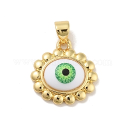 Brass Pendants, with Acrylic, Cadmium Free & Lead Free, Long-Lasting Plated, Oval with Evil Eye, Real 18K Gold Plated, Green, 16x16.5x5.5mm, Hole: 4x3.5mm