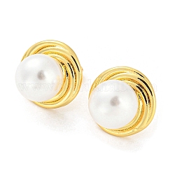 Plastic Pearl Round Stud Earrings, Brass Earrings, Long-Lasting Plated, Cadmium Free & Lead Free, Real 18K Gold Plated, 15mm