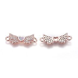 Brass Cubic Zirconia Links, with Synthetic Opal, Wing with Heart, Rose Gold, Pink, 7x21x2mm, Hole: 1.6mm