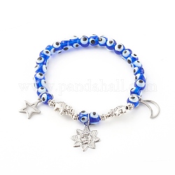 Bracelets avec breloque en 304 acier inoxydable, avec des perles de lampe au chalumeau et des perles d'alliage, fleur et étoile et lune, bleu, argent antique, diamètre intérieur: 2-1/4 pouce (5.8 cm)