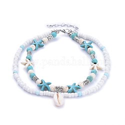 Bracelets cheville cauris, avec des perles turquoises et des perles de rocaille en verre, Perles en alliage de style tibétain, Fermoir pince de homard en alliage de zinc, turquoise, 9-1/2 pouce (24 cm)