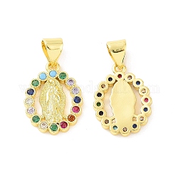 Rack Plating Eco-Friendly Brass Micro Pave Cubic Zirconia Pendants, Lead Free & Cadmium Free & Nickel Free, Oval with Religion Virgin Mary Charm, Real 18K Gold Plated, 16x12x2mm, Hole: 3.5x5mm