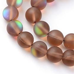 Chapelets de perles en pierre de lune synthétique, perles holographiques, teinte, mat, ronde, selle marron, 6mm, Trou: 1mm, Environ 60~62 pcs/chapelet, 14~15 pouce