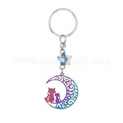 Porte-clés chat lune creuse en acier inoxydable, avec anneau porte-clés en fer et pendentif étoile en verre, couleur arc en ciel, 8.7 cm
