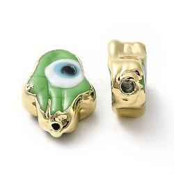 Main mal de perles au chalumeau des yeux, avec bord en laiton plaqué or, Plaqué longue durée, Hamsa main, lime green, 15~17x11.5~12.5x5~5.5mm, Trou: 1.8mm
