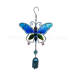 Bell Wind Chimes, Glass & Iron Art Pendant Decorations, Butterfly, Deep Sky Blue, 290x160mm