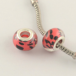 Large Hole Spot Pattern Acrylic European Beads, with Silver Tone Brass Double Cores, Rondelle, Light Coral, 14x9mm, Hole: 5mm