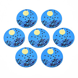 Pendentifs en fer peint, de Style caoutchouté, 3d imprimé, motif imprimé lune, plat rond, Dodger bleu, 25.5x0.8mm, Trou: 1.2mm