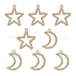 Ciondoli in lega 8 pz 2 stili styles, Luna e stelle, oro chiaro, 24~25x16~22x2mm, Foro: 1.8 mm, 4pcs / style