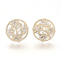 Brass Stud Earrings Findings, with Loop, with Cubic Zirconia, Nickel Free, Flat Round with Tree of Life, Clear, Real 18K Gold Plated, 13x4mm, Hole: 2mm, Pin: 0.8mm