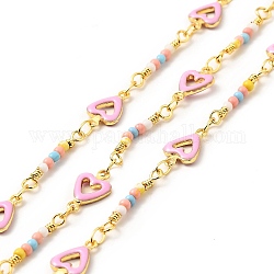 Латунные эмалевые цепи в форме сердца, со стеклянным бисером, реальный 18k позолоченный, пайки, с катушками, розовые, 11x7x1.7 мм
