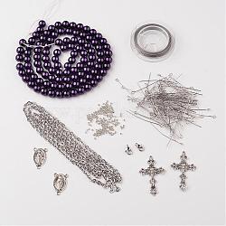 DIY Jewelry Material Packages, Including Tibetan Style Alloy Pendants, Glass Pearl Beads, Stainless Steel Findings, Chain and Tiger Tail, Indigo, 8x1mm