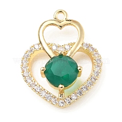 Ottone con pendenti in vetro k9 e strass, oro chiaro, charms cuore, smeraldo, 25x19.5x7mm, Foro: 1.5 mm