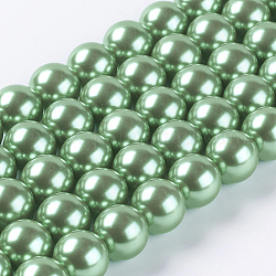 Brins de perles rondes en verre teinté écologique, cordon en coton fileté, vert printanier, 14mm, Trou: 0.7~1.1mm, Environ 30 pcs/chapelet, 15 pouce