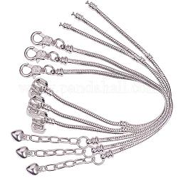 Sunnyclue 1 boîte 6pcs 2 styles bracelet à breloques en chaîne de serpent pour breloques en perles 17cm 18cm bracelet à breloques européen ajustable couleur argent chaîne de serpent fermoir à homard bracelet fournitures de fabrication de bijoux artisanat